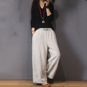 Chinese Buttons Quilted Wide Leg Pants Cotton Linen Winter Trousers