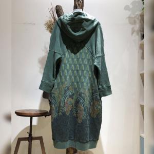 Over50 Style Cotton Folk Dress Large Size Printed Hooded Dress