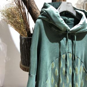 Over50 Style Cotton Folk Dress Large Size Printed Hooded Dress