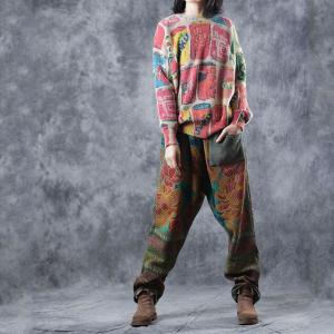 Artistic Printed Colorful Sweater Loose Soft Pullover for Woman