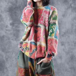 Artistic Printed Colorful Sweater Loose Soft Pullover for Woman