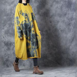 Big Flowers Printed Hoodie Dress Plus Size Cotton Casual Dress