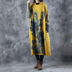 Big Flowers Printed Hoodie Dress Plus Size Cotton Casual Dress