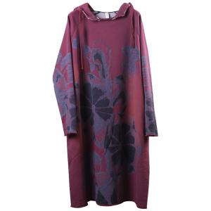 Big Flowers Printed Hoodie Dress Plus Size Cotton Casual Dress