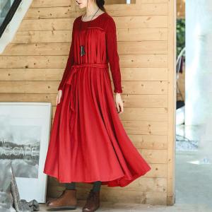 Loose-Fitting Pleated Linen Maxi Dress Custom Red Designer Dress