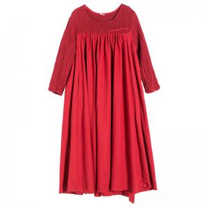 Loose-Fitting Pleated Linen Maxi Dress Custom Red Designer Dress