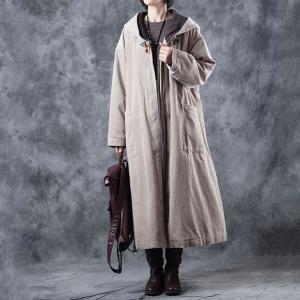 Beige Corduroy Hooded Coat Large Size Puffer Coat for Woman