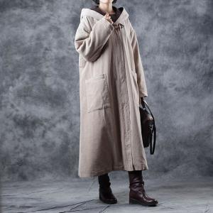 Beige Corduroy Hooded Coat Large Size Puffer Coat for Woman