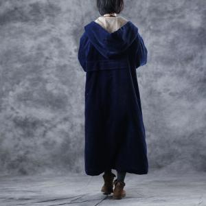 Korean Fashion Navy Duffle Coat Womans Corduroy Hoodie Overcoat