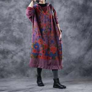 Plus Size Retro Hoodie Dress Cotton Floral Dress for Woman