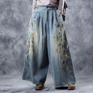 Soft Denim Wide Leg Jeans Painting Fleece Baggy Jeans