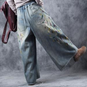 Soft Denim Wide Leg Jeans Painting Fleece Baggy Jeans