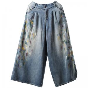 Soft Denim Wide Leg Jeans Painting Fleece Baggy Jeans