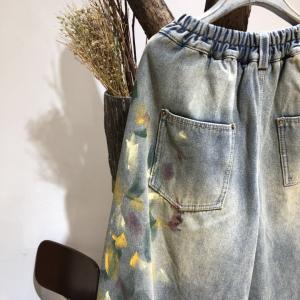 Soft Denim Wide Leg Jeans Painting Fleece Baggy Jeans