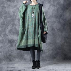 Ethnic Prints Cotton Knee-Length Dress Large Size Green T-shirt Dress