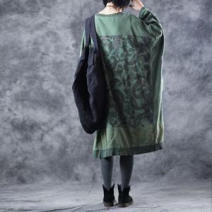 Ethnic Prints Cotton Knee-Length Dress Large Size Green T-shirt Dress