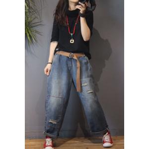 Street Style Baggy Ripped Jeans Color Fading Wide Leg BF Jeans