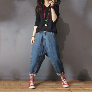 Casual Style Vertical Striped Baggy Jeans Thick Denim  Pants