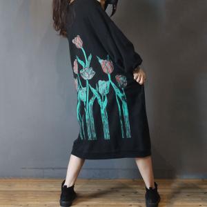 Artistic Rose Printed Cotton Black Dress Plus Size T-Shirt Dress