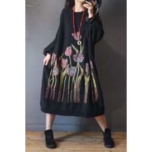 Artistic Rose Printed Cotton Black Dress Plus Size T-Shirt Dress