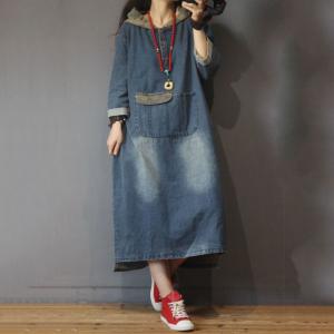 Blue Fading Hooded Denim Dress Fashion Large Size Jeans Dress