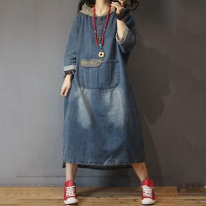 Blue Fading Hooded Denim Dress Fashion Large Size Jeans Dress