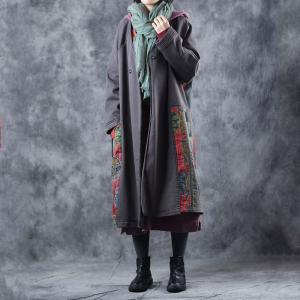 Ethnic Vintage Cartoon Overcoat V-Neck Cotton Coat for Woman