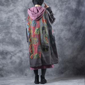 Ethnic Vintage Cartoon Overcoat V-Neck Cotton Coat for Woman