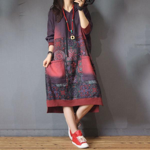 Folk Printing Large Hoodie Cotton Casual Hooded Dress