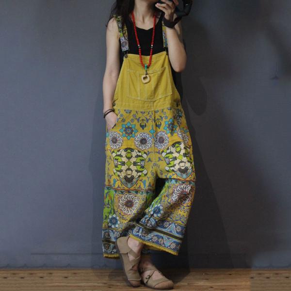 Ethnic Printed Wide Leg Jumpsuits Vintage Plus Size Cotton Overalls