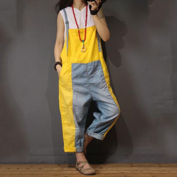 Color Block Fashion Baggy Overalls Womans Cotton Jumpsuits