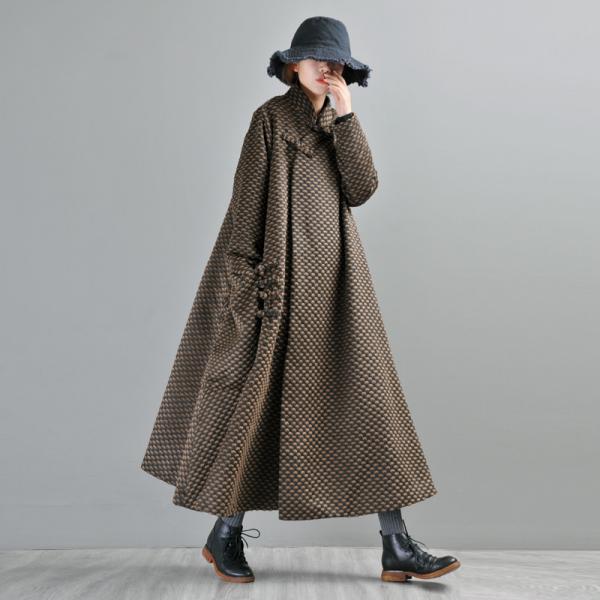 Chinese Vintage Pankous Loose Woolen Coat Flared Checkered Coat