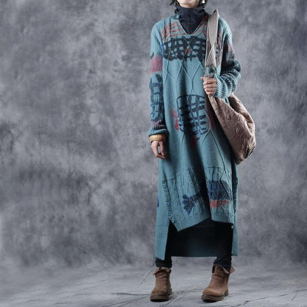 Fish Printed Blue Dress Woolen Loose Sweater Dress