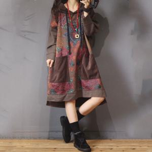 Ethnic Style Cotton Hooded Dress Oversized Knee Length Dress