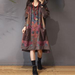 Ethnic Style Cotton Hooded Dress Oversized Knee Length Dress