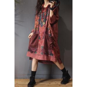 Ethnic Style Cotton Hooded Dress Oversized Knee Length Dress