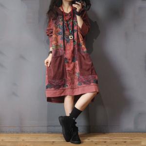 Ethnic Style Cotton Hooded Dress Oversized Knee Length Dress