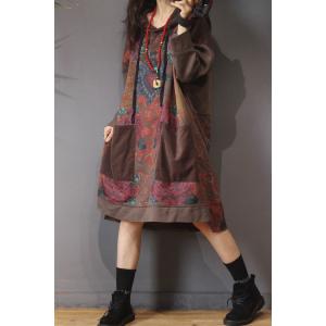 Ethnic Style Cotton Hooded Dress Oversized Knee Length Dress