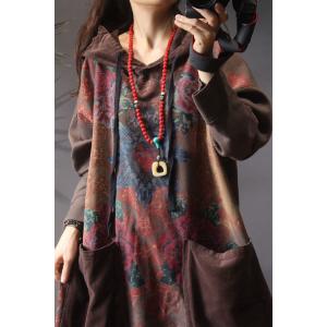 Ethnic Style Cotton Hooded Dress Oversized Knee Length Dress