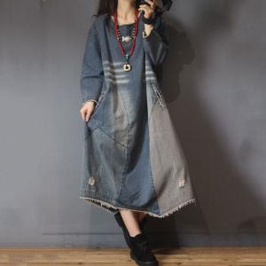 Korean Style Patchwork Denim Dress Designer Ripped Dress