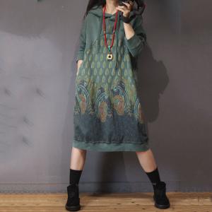 Large Size Ethnic Hoodie Dress Cotton Vintage Dress