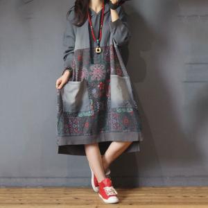 Folk Printing Large Hoodie Cotton Casual Hooded Dress