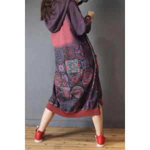 Folk Printing Large Hoodie Cotton Casual Hooded Dress