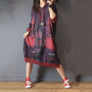 Folk Printing Large Hoodie Cotton Casual Hooded Dress