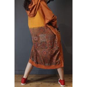 Folk Printing Large Hoodie Cotton Casual Hooded Dress