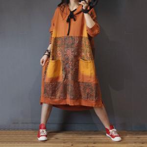 Folk Printing Large Hoodie Cotton Casual Hooded Dress