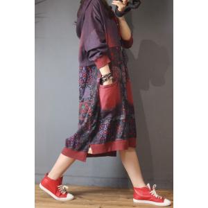 Folk Printing Large Hoodie Cotton Casual Hooded Dress