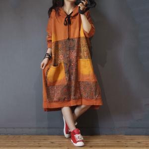 Folk Printing Large Hoodie Cotton Casual Hooded Dress