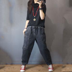 Pockets Decoration Vintage Jeans Denim Baggy Harem Pants