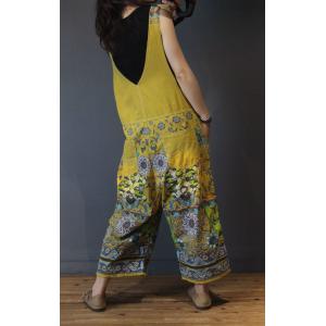 Ethnic Printed Wide Leg Jumpsuits Vintage Plus Size Cotton Overalls